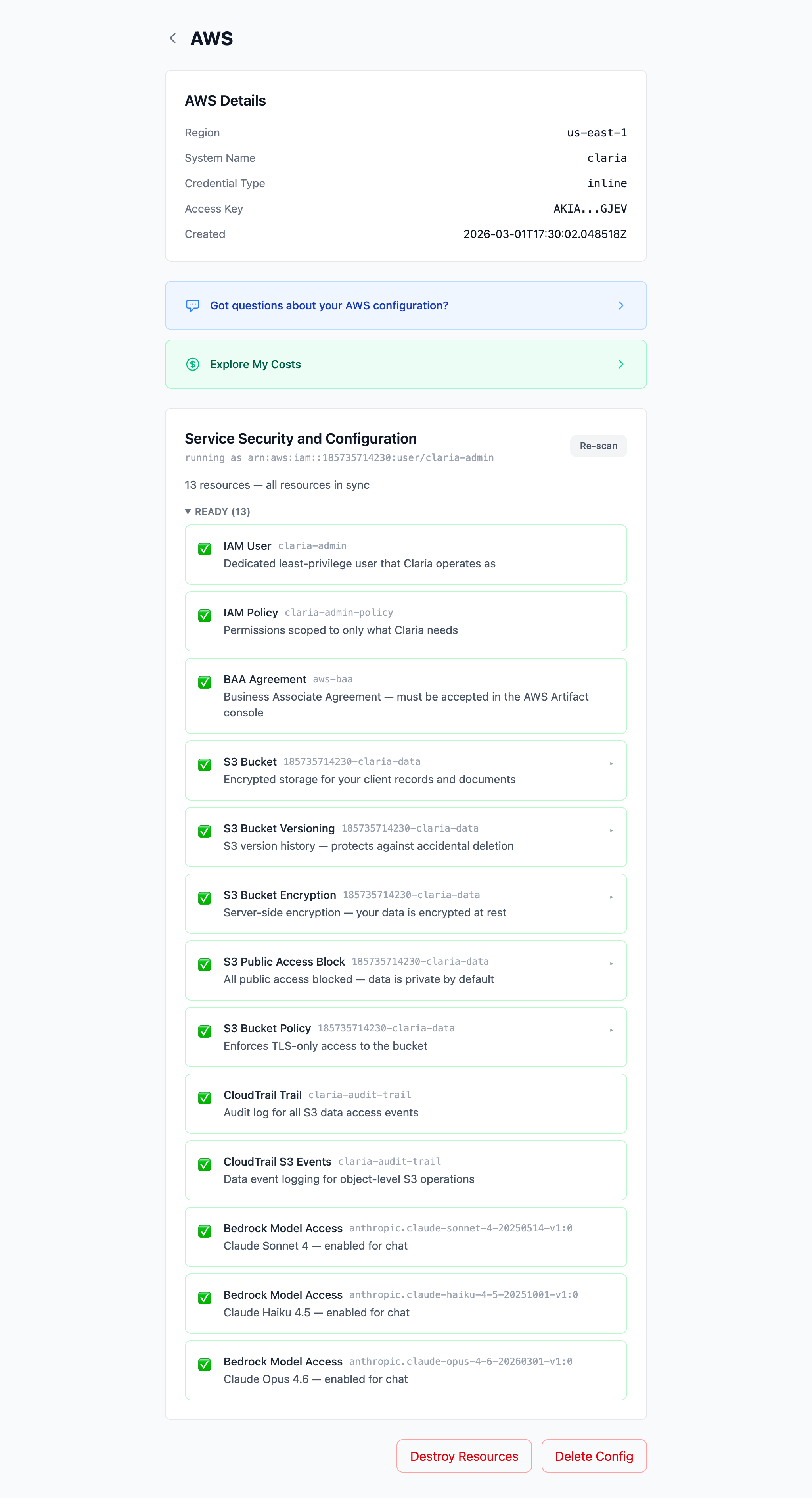 AWS resource management showing all resources in sync