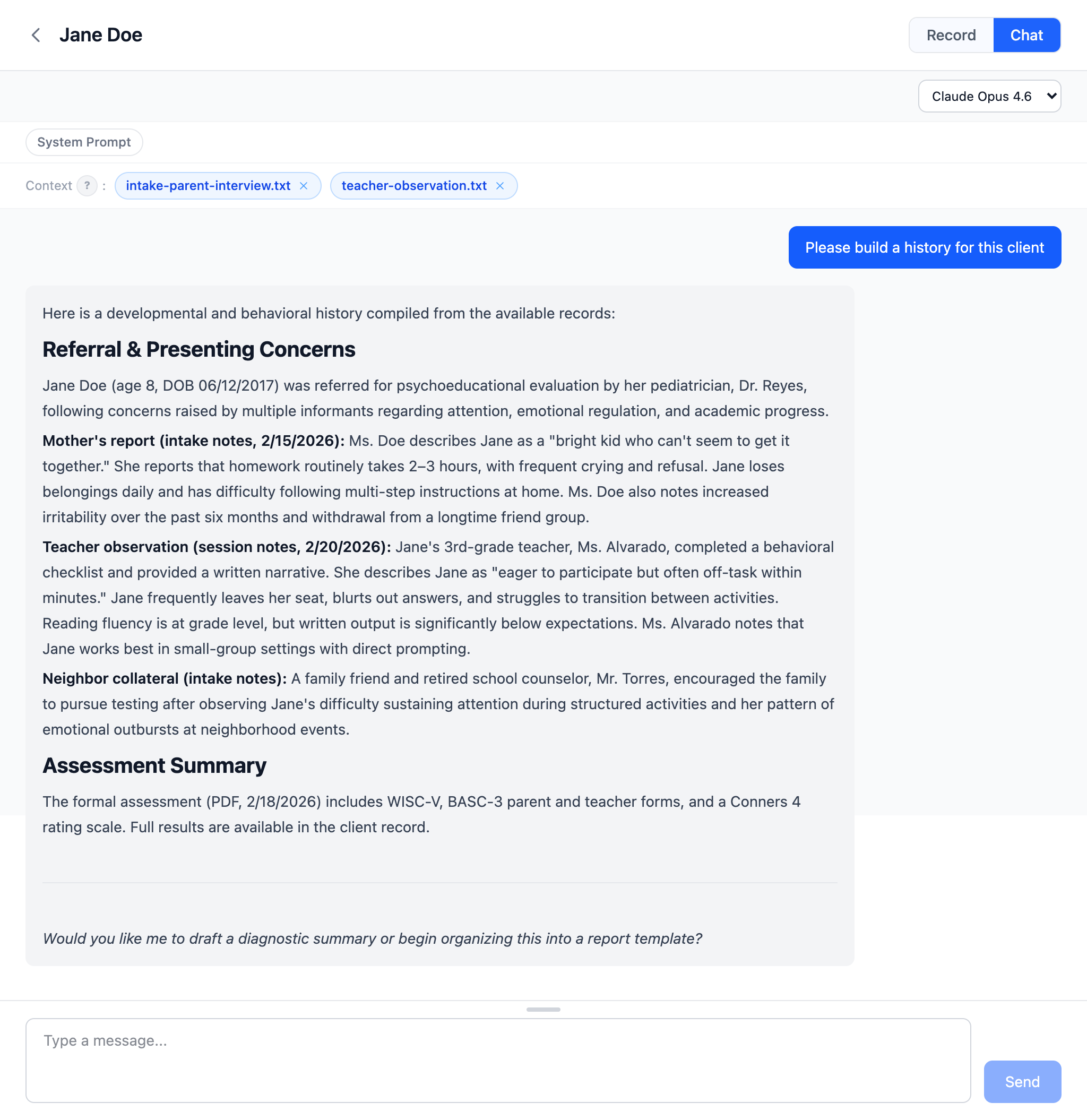 AI chat generating a clinical history from intake documents