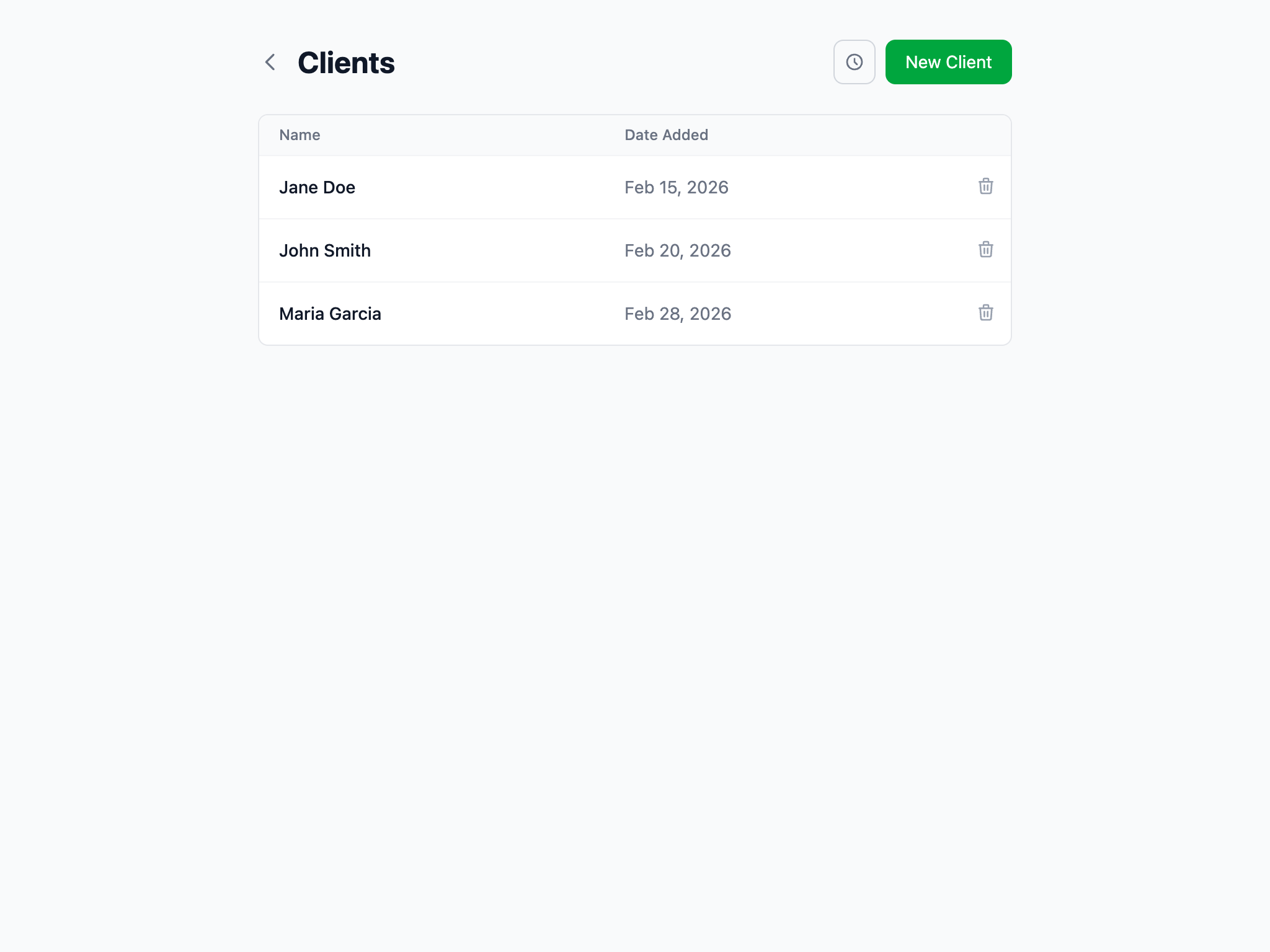 Client list showing three clients