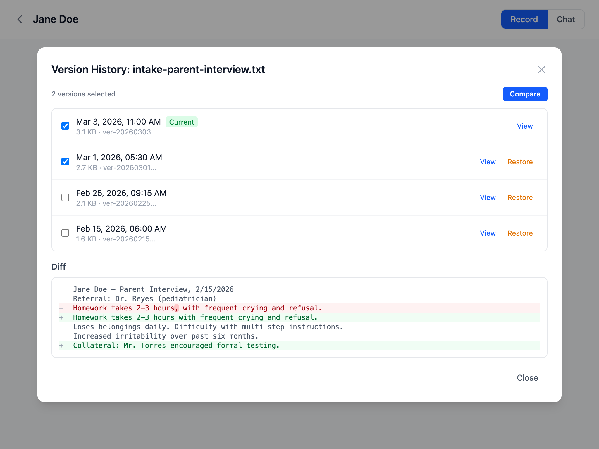 Version history diff comparing two file versions