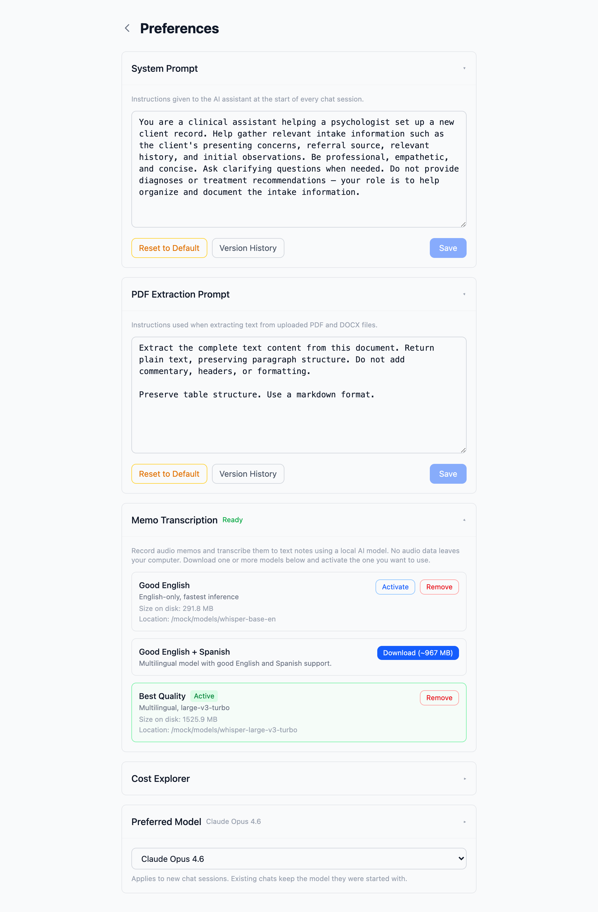 Preferences page with system prompt, whisper models, and model selection