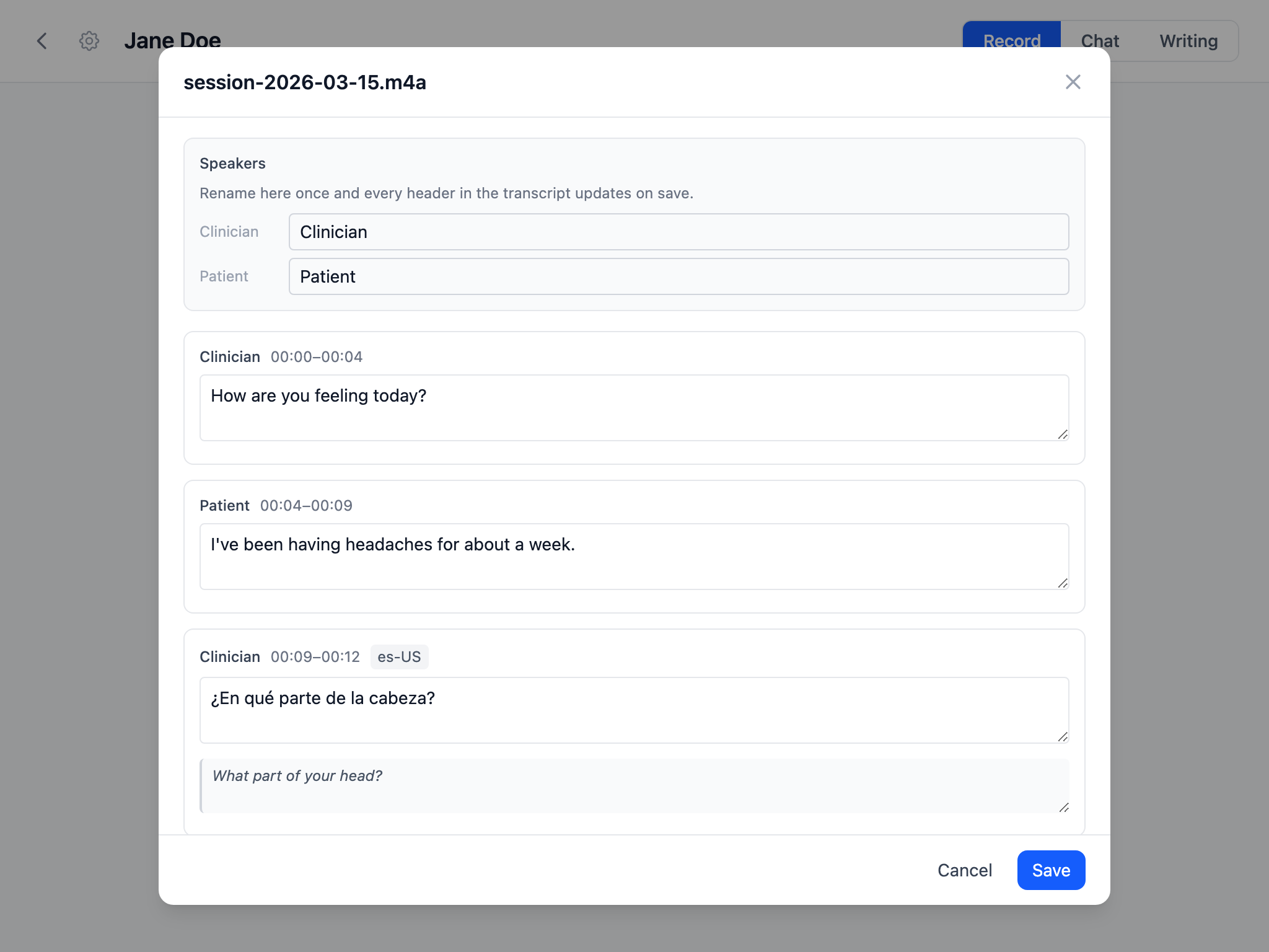 Per-segment transcript editor with speaker rename pane